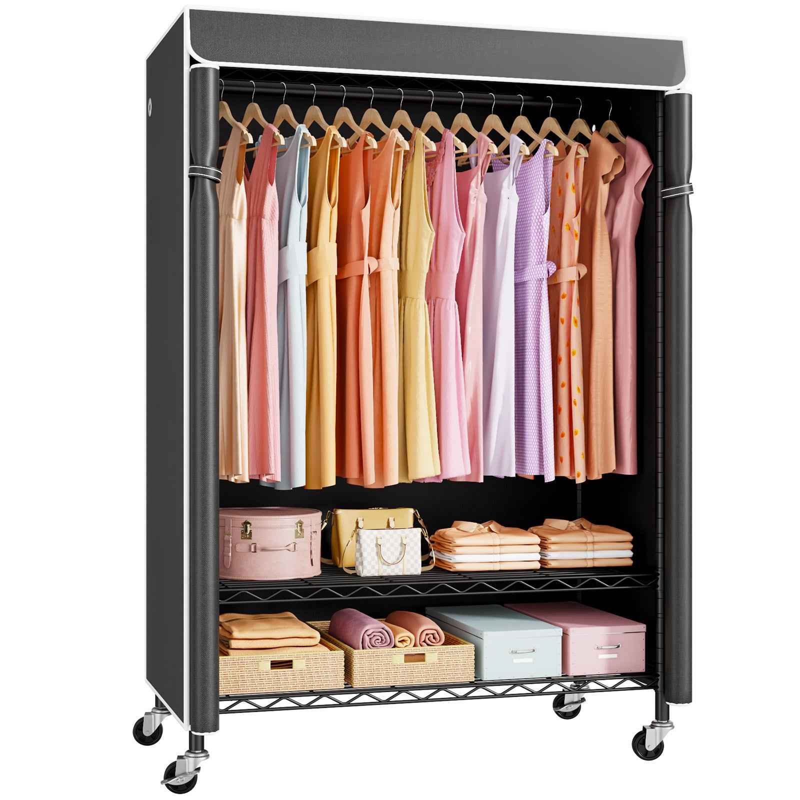P6C Plus Rolling Clothes Rack with Cover, Covered Clothing Rack Heavy Duty, Portable, Garment Rack on Wheels