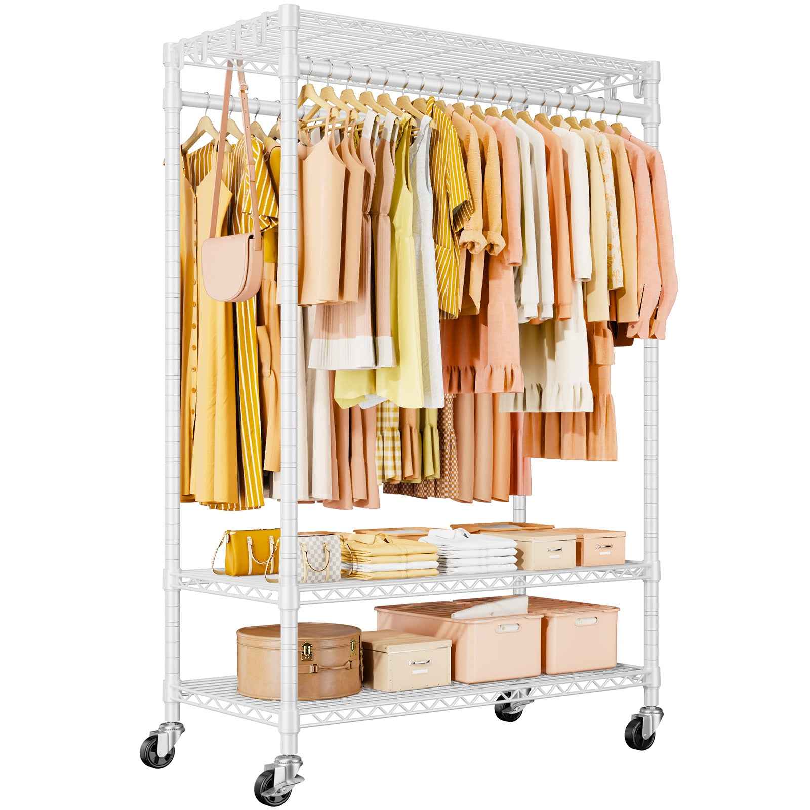 P7 45"W Single Column Garment Rack (Black), 480LBS Load & 3-Tier Adjustable Wire Shelves