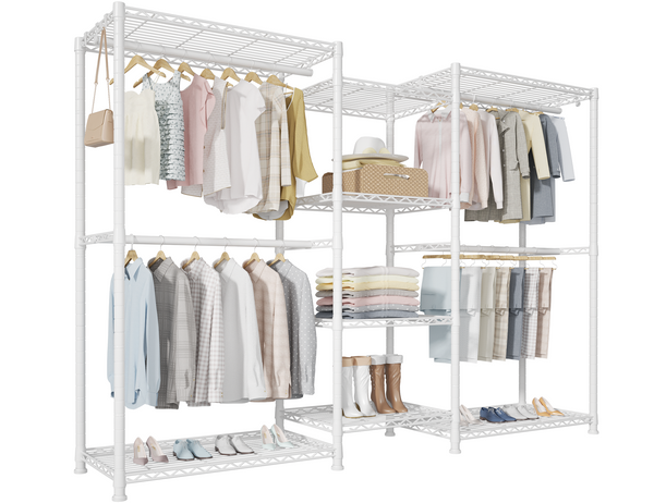 E4 71.6"W L-Shaped Triple Column Garment Rack (Black), 962LBS Load & 8-Tier Adjustable Shelves
