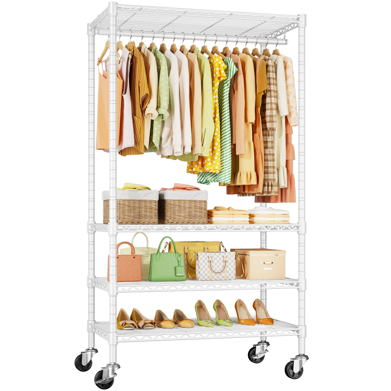 P9 Rolling Clothes Rack Heavy Duty, 4 Tiers Garment Rack with Wheels, 35.5" L X 15.8" W X 80.5" H, Max Load 445 LBS