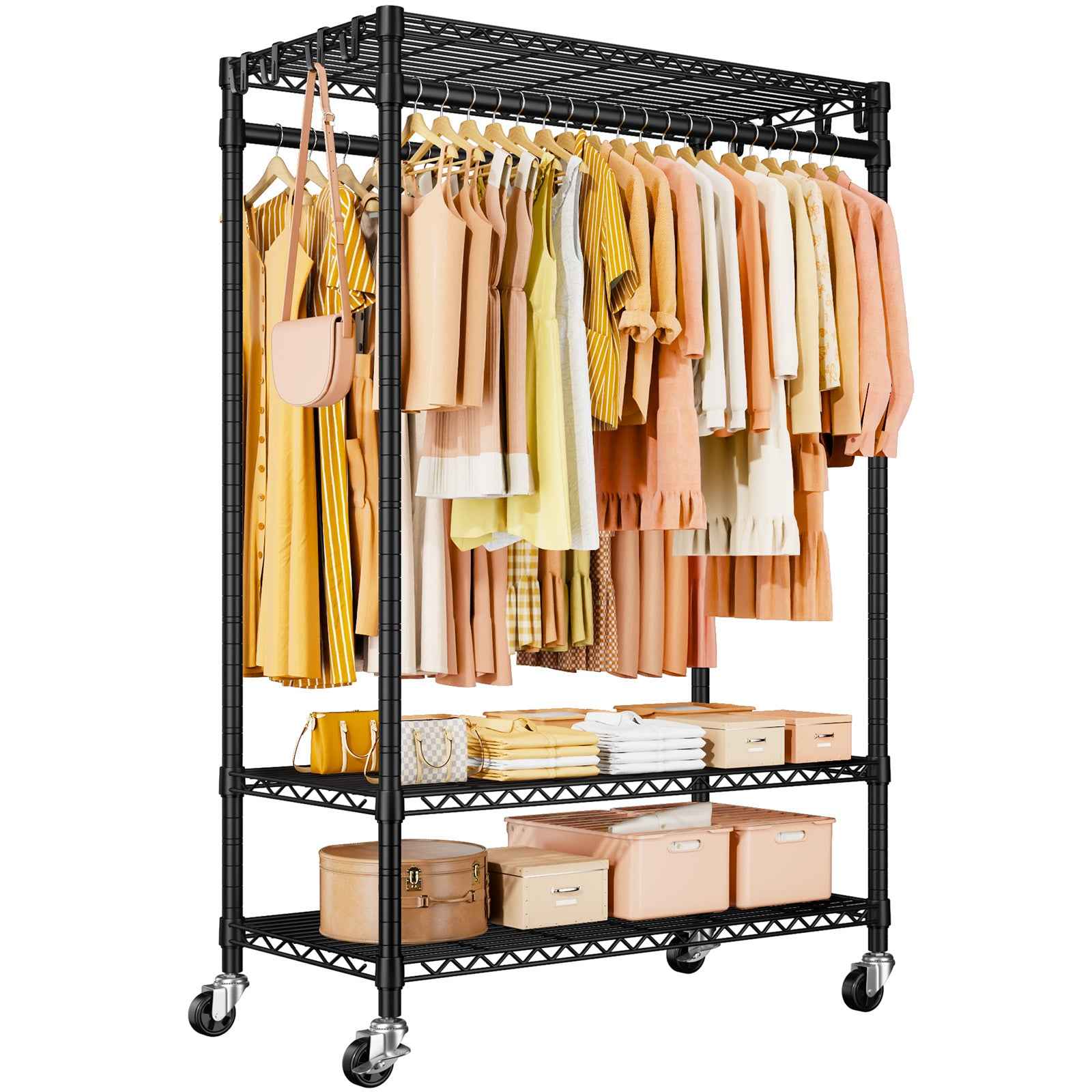 P7 45"W Single Column Garment Rack (Black), 480LBS Load & 3-Tier Adjustable Wire Shelves