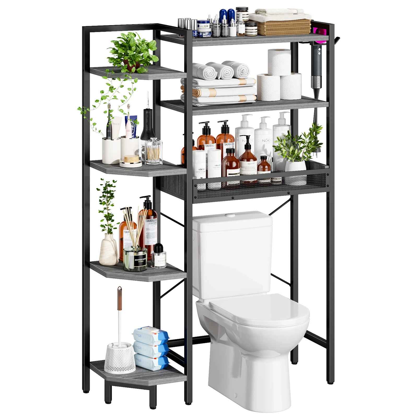 K1 Heavy Duty 7-Tier Over The Toilet Storage（With Basket and Paper Hook）Freestanding Above Toilet Shelf with Adjustable Feet