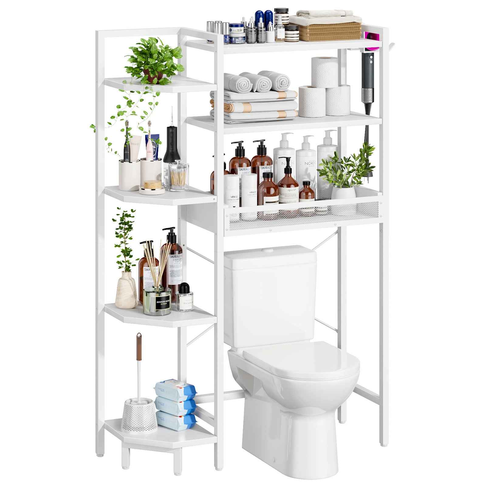 K1 Heavy Duty 7-Tier Over The Toilet Storage（With Basket and Paper Hook）Freestanding Above Toilet Shelf with Adjustable Feet