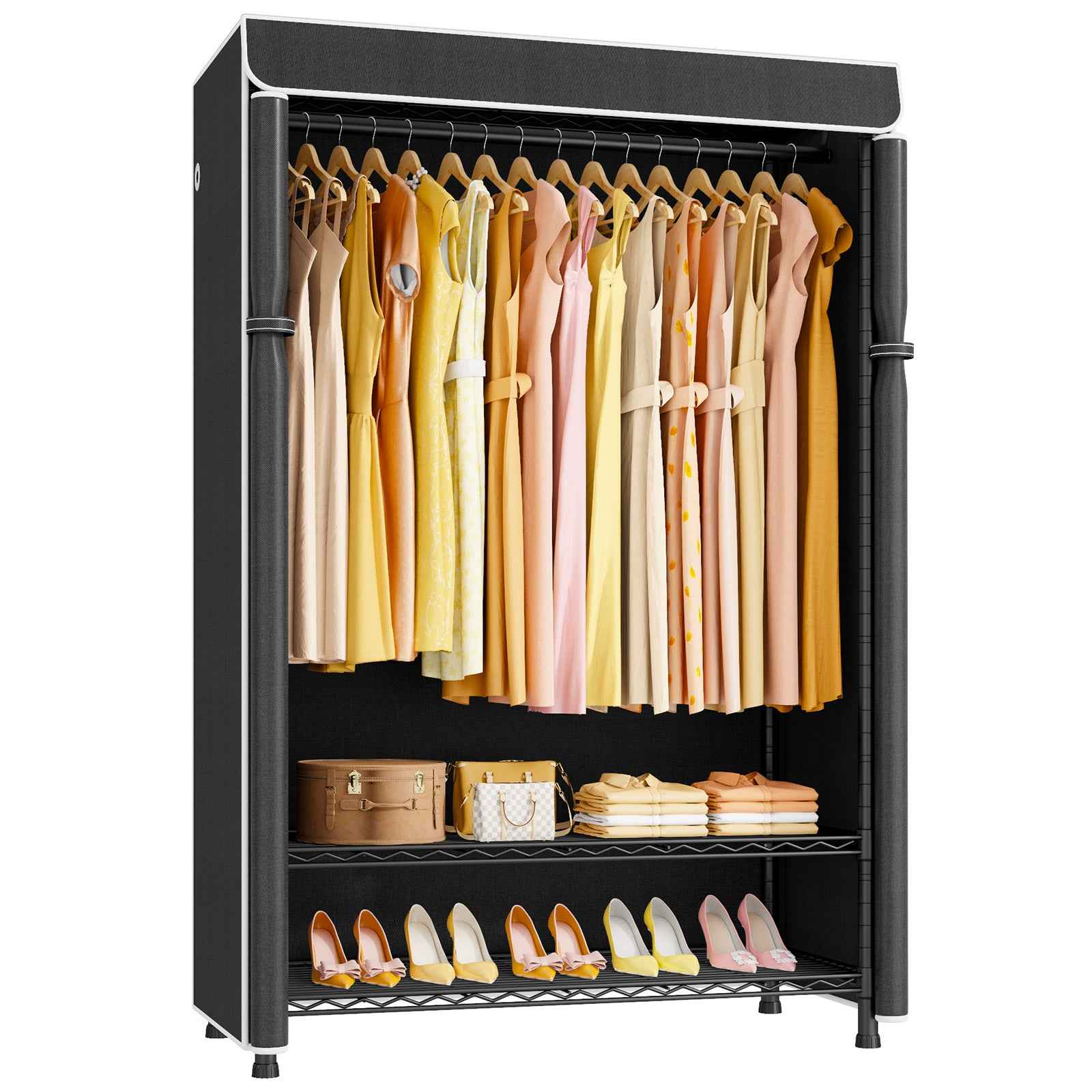 H5C Plus Clothes Rack with Cover, Portable Closet for Hanging Clothes, Covered Clothing Racks Heavy Duty, 3-Tiers Garment Rack with Shelves Max Load 370LBS