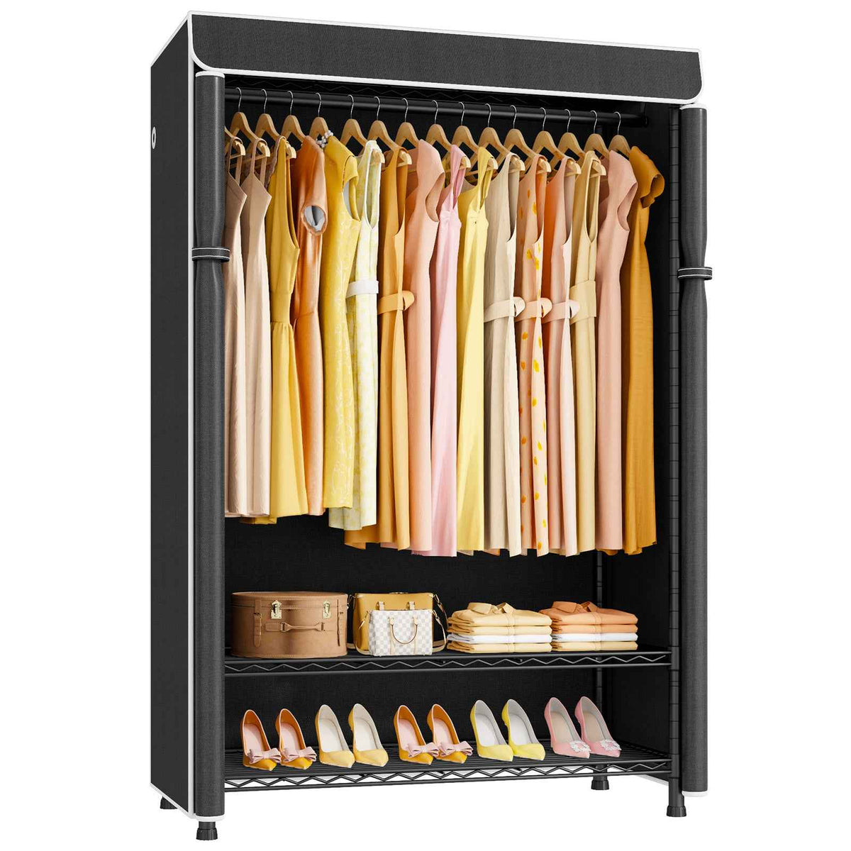 H5C Plus Clothes Rack with Cover, Portable Closet for Hanging Clothes, Covered Clothing Racks Heavy Duty, 3-Tiers Garment Rack with Shelves Max Load 370LBS