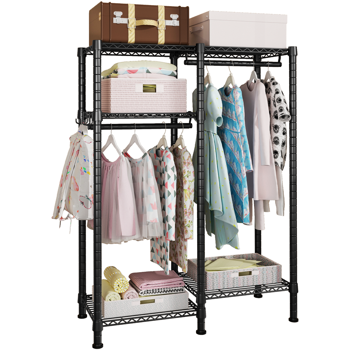F1 Kids Double Column Garment Rack (Black), 4-Tier Shelves & 2 Hanger Rods, 40LBS per Shelf