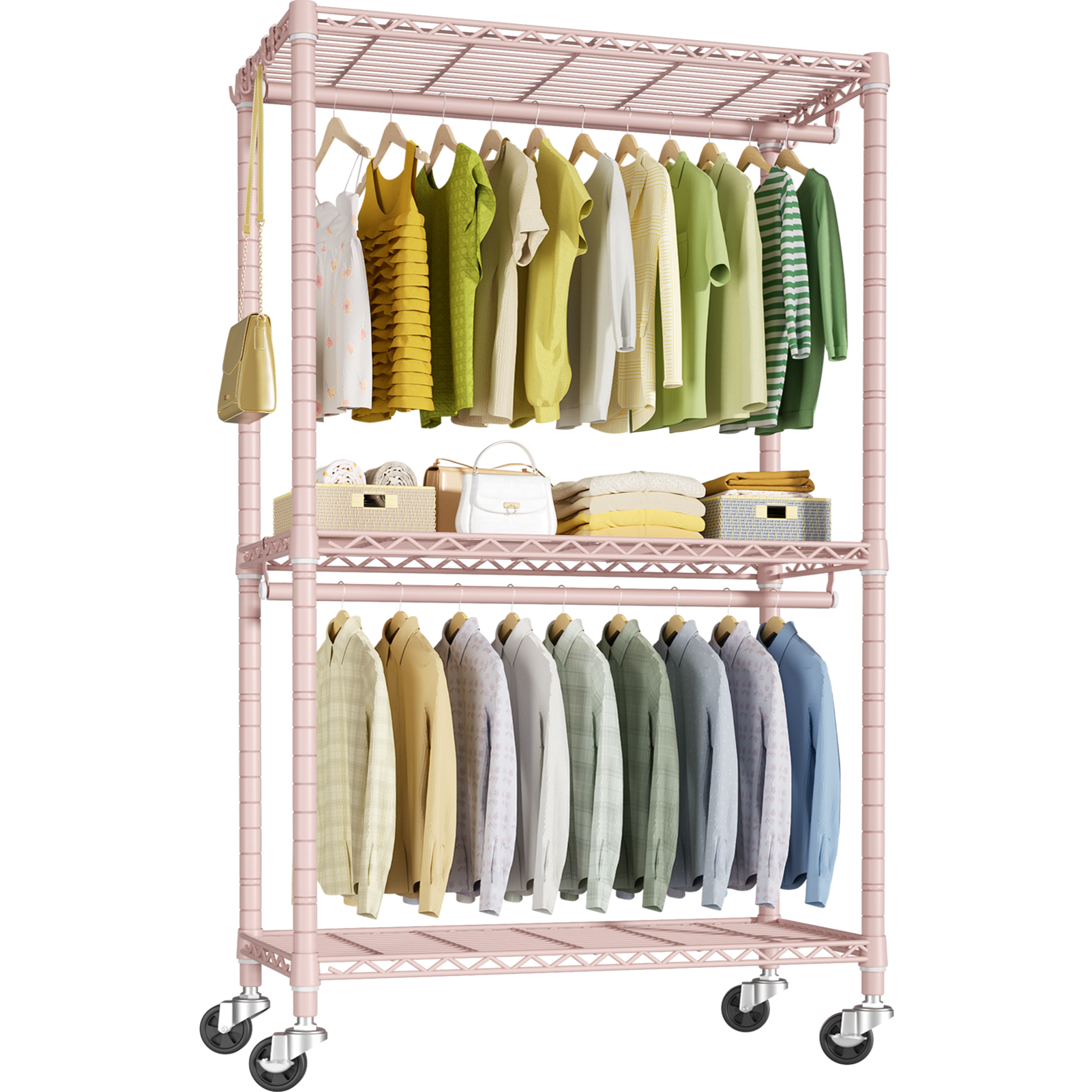 P3 Single Column Garment Rack (Black), 39.4"W, 464LBS Load & 3-Tier Shelves with Lockable Wheels