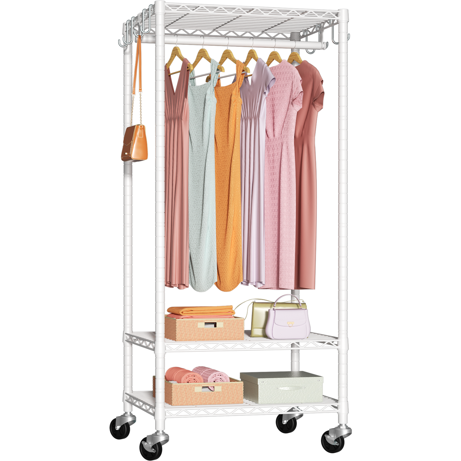 P6 Single Column Garment Rack (Black), 23.6"W, 360LBS Load & 3-Tier Shelves for Students