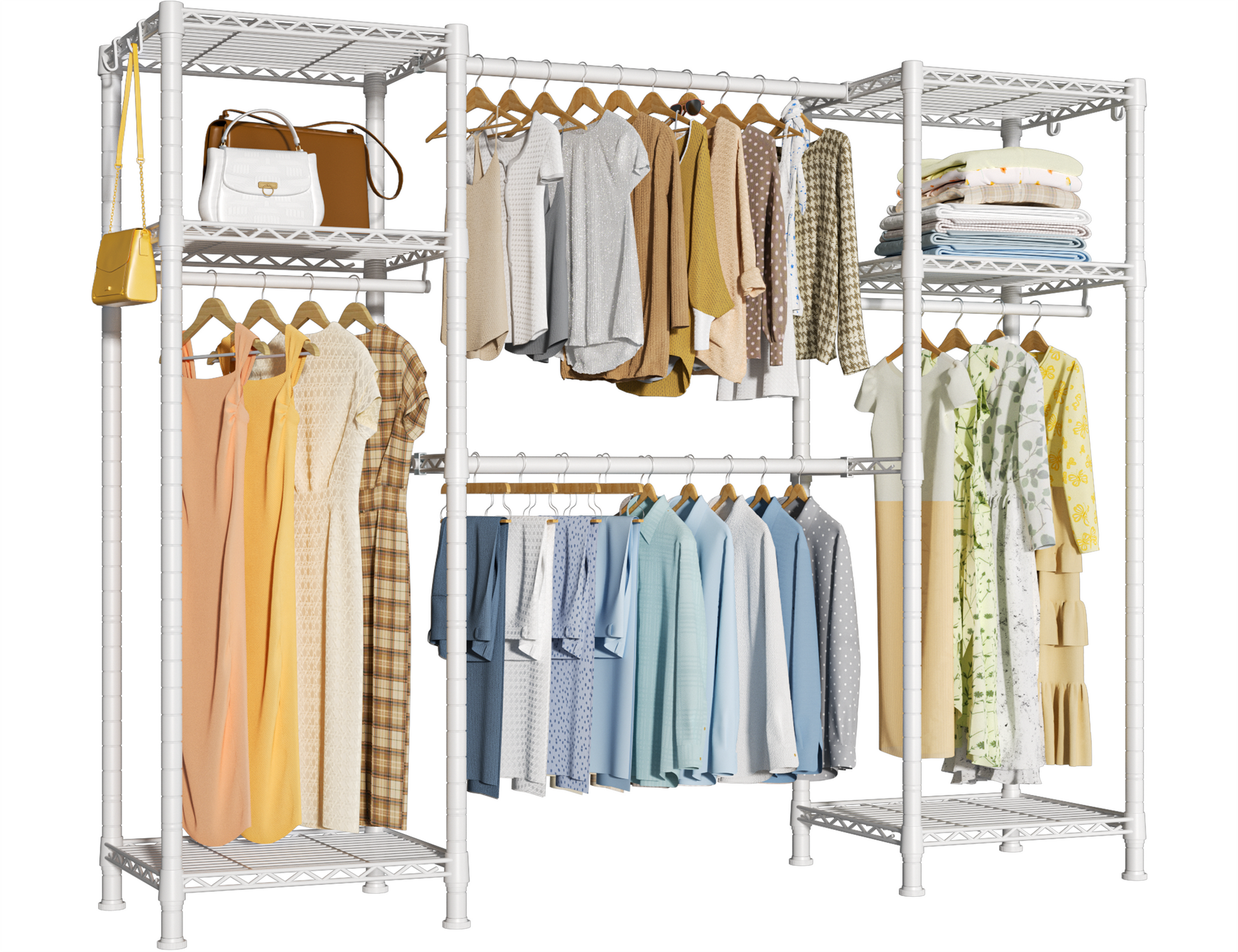 E7 52.3-72" Extendable Triple Column Garment Rack (Black), 838LBS Load & 6-Tier Wire Shelves