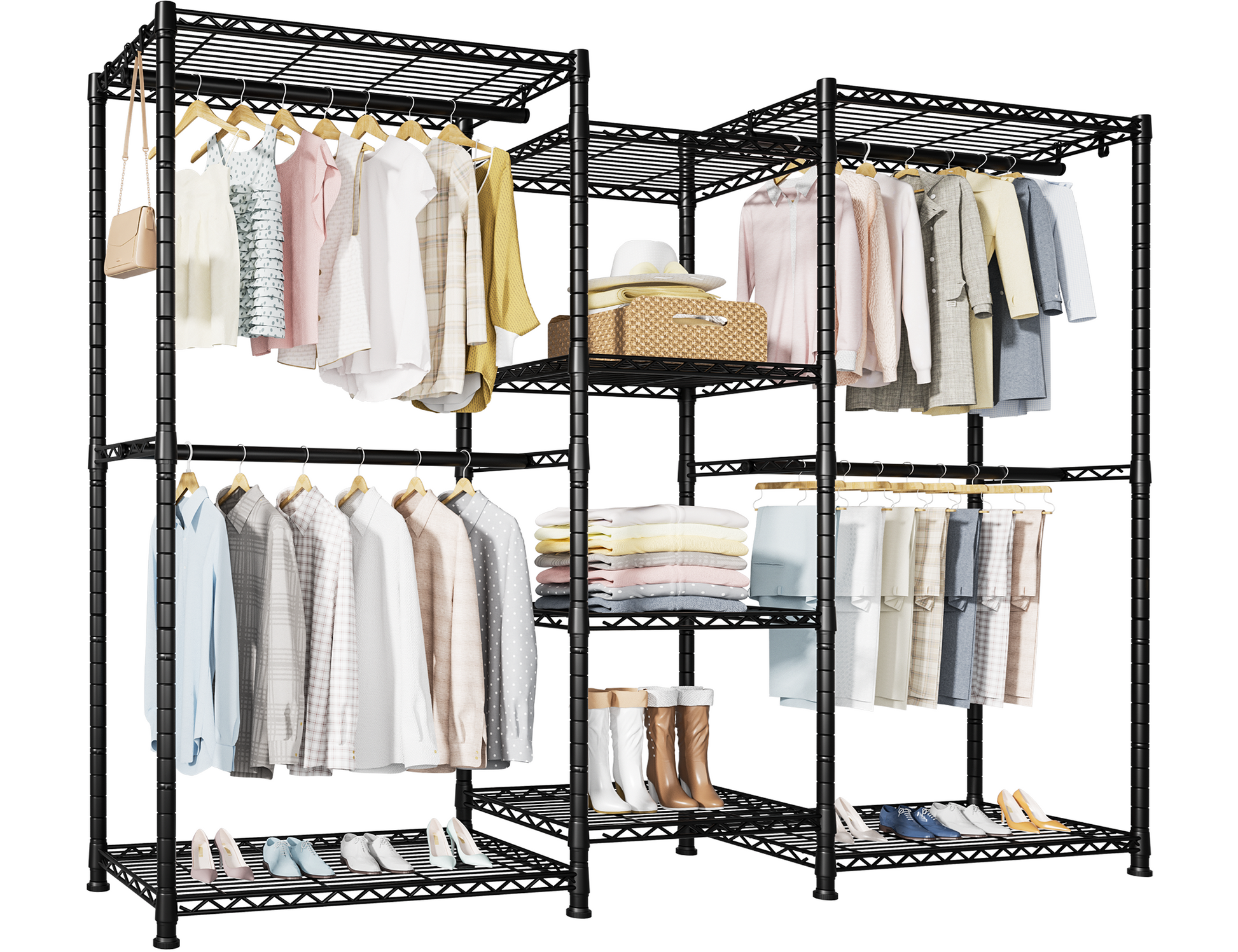 E4 71.6"W L-Shaped Triple Column Garment Rack (Black), 962LBS Load & 8-Tier Adjustable Shelves