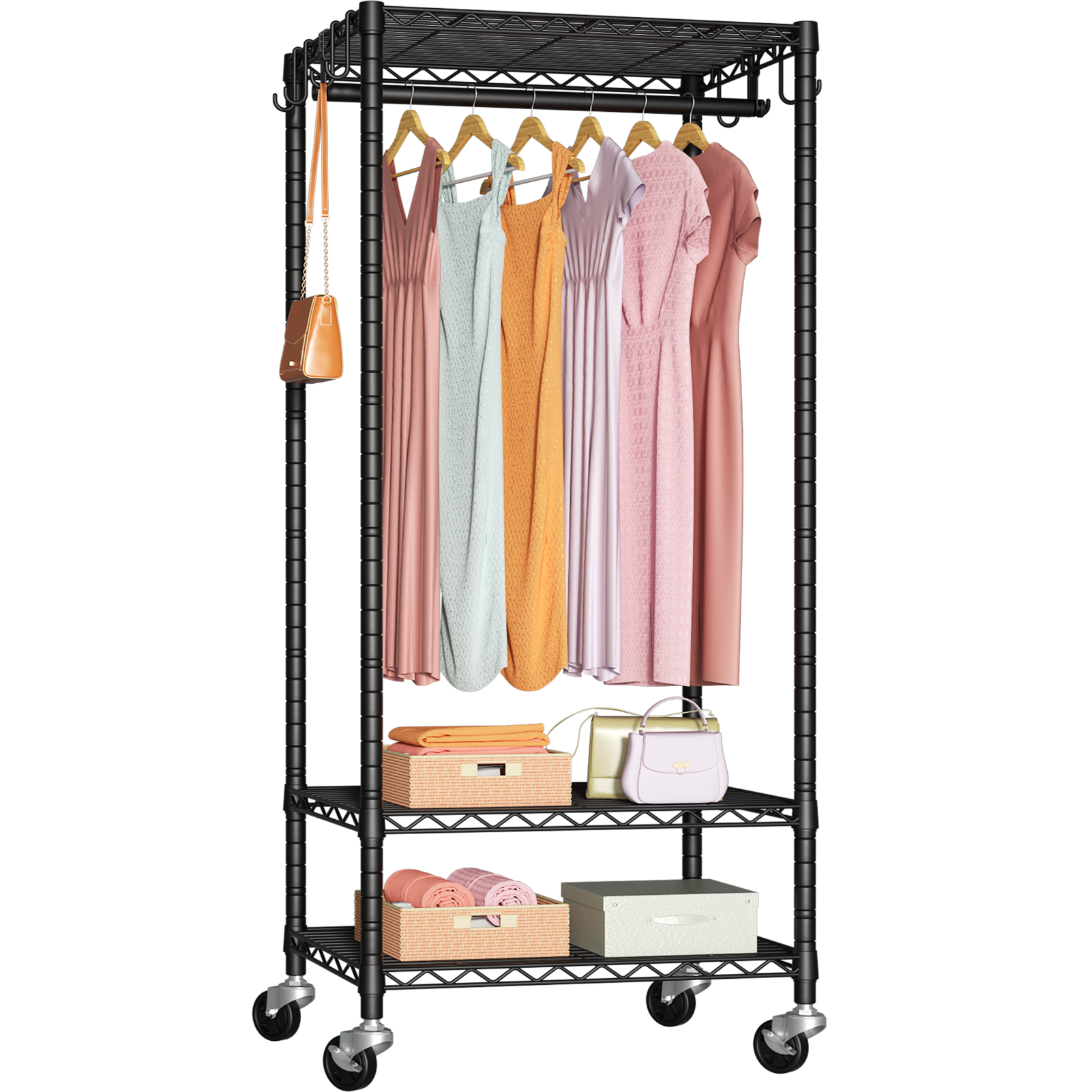 P6 Mini Single Column Garment Rack (Black), 23.6"W, 360LBS Load & 3-Tier Shelves for Students