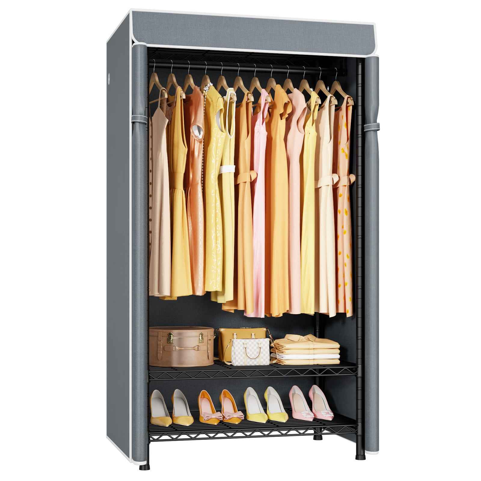 H5C Clothes Rack with Cover, Portable Closet for Hanging Clothes, Covered Clothing Racks Heavy Duty, Freestanding Garment Racks with Shelves Max Load 360LBS