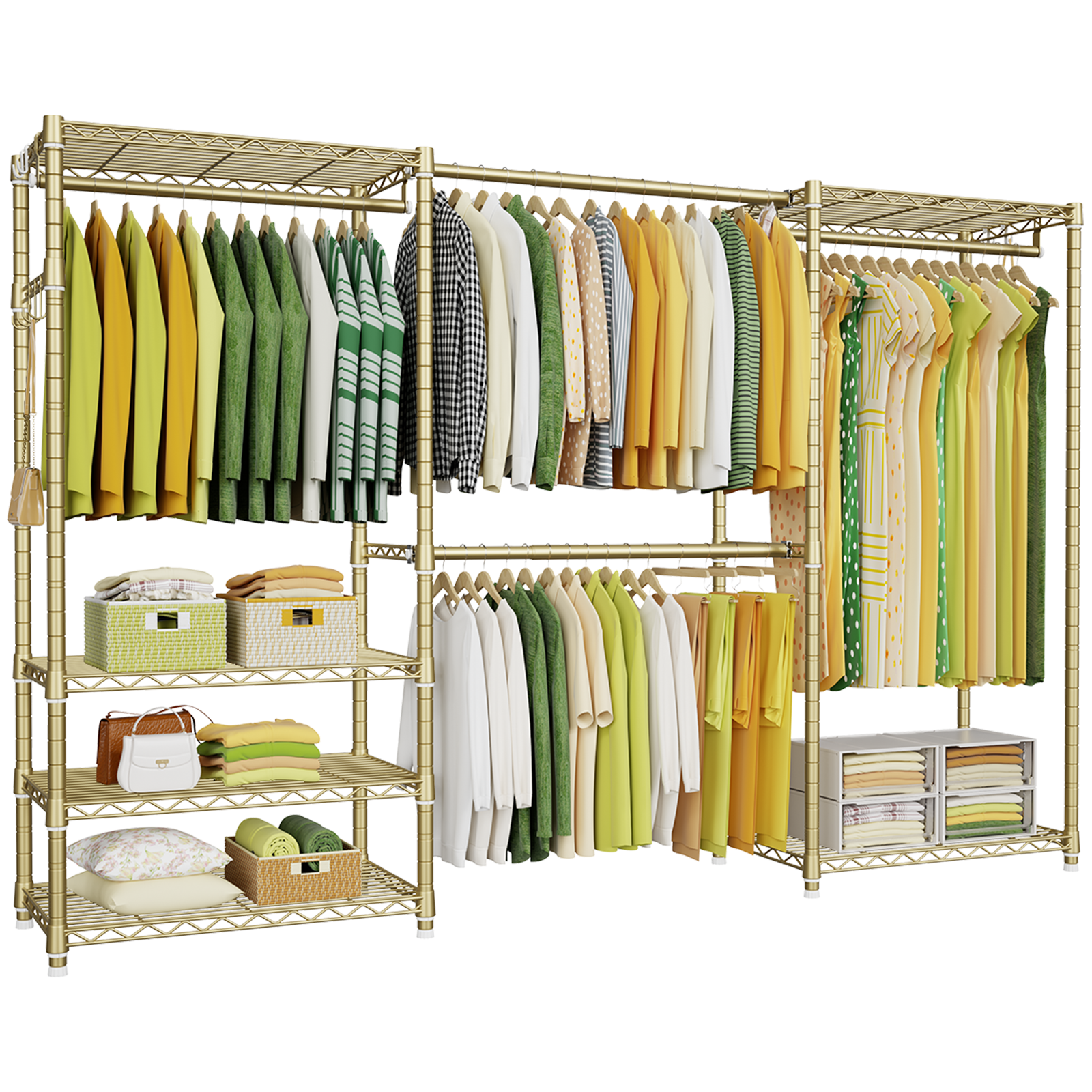 E1 70-88.2" Extendable Triple Column Garment Rack (Black), 6-Tier Shelves &  4 Hanger Rods - Ulif Home