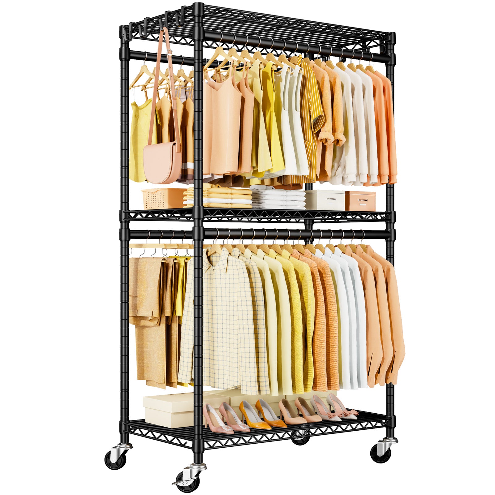 P5 39.4"W Single Column Garment Rack (Black), 655LBS Load, 3-Tier Shelves & 8 Side Hooks
