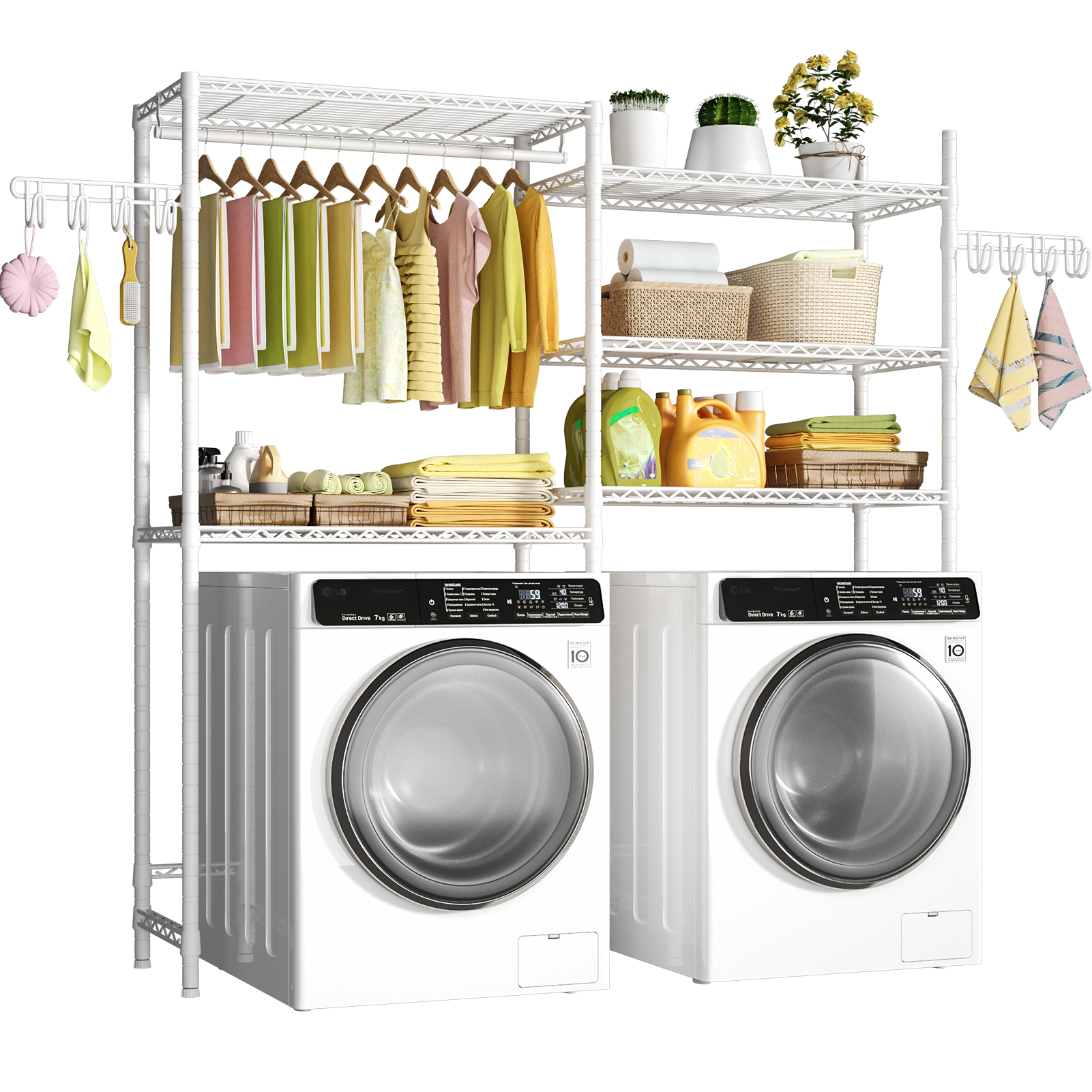 U5 Double Column Over-Washer Garment Rack (Black), ≤27" Washer/Unit, 5-Tier Shelves & Hanger Rod