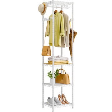 R1 Single Column Entryway Garment Rack (Black), 16 Hooks+4 Shelves, 3-in-1 Storage for Coats/Shoes