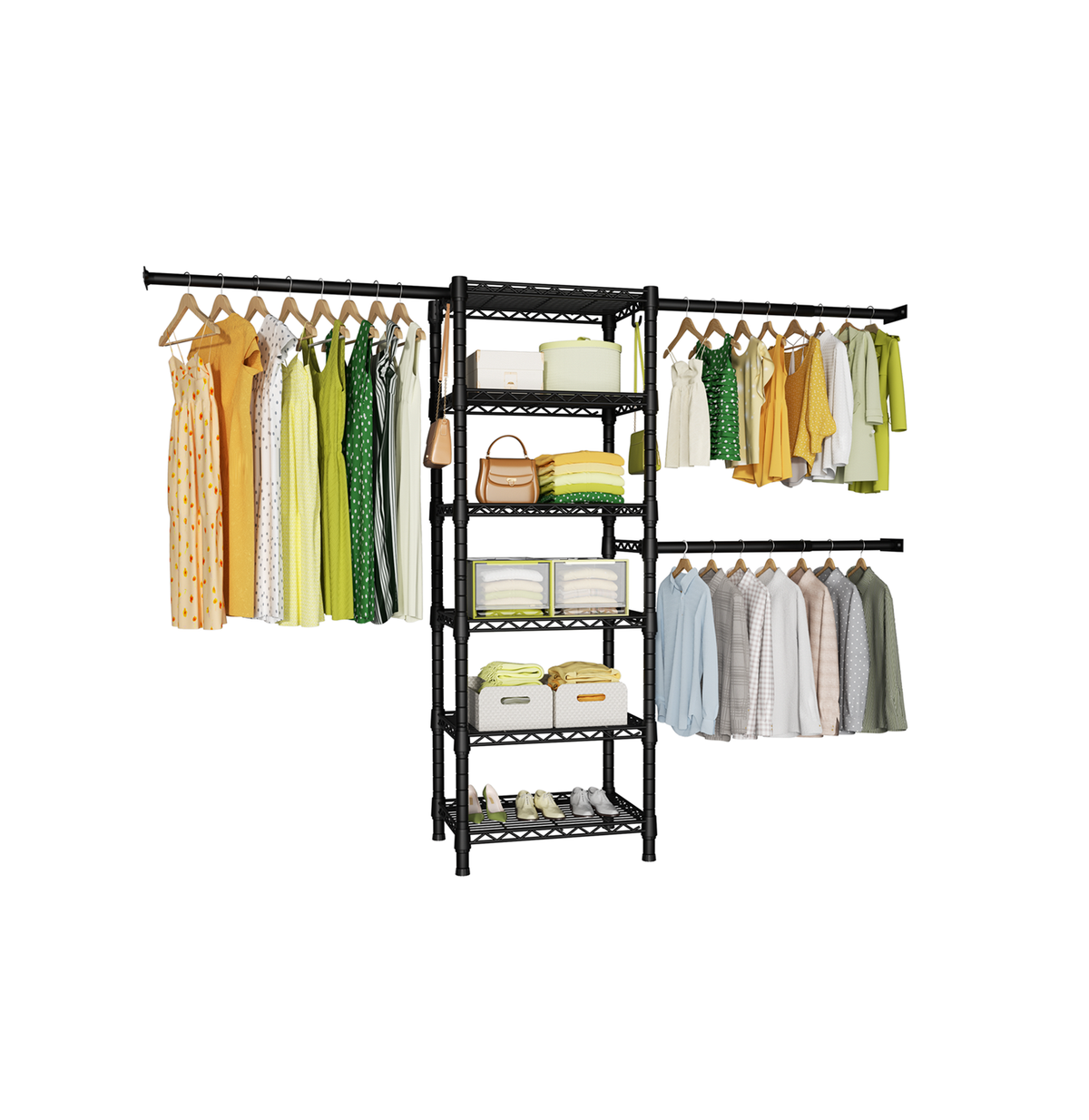 M5 Wall-Mounted Garment Rack (Black), 46.2-102.4" Width, 83.1" High & 6-Tier Shelves