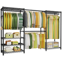 E1 70-88.2" Extendable Triple Column Garment Rack (Black), 6-Tier Shelves & 4 Hanger Rods