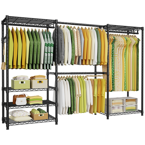 E1 70-88.2" Extendable Triple Column Garment Rack (Black), 6-Tier Shelves & 4 Hanger Rods