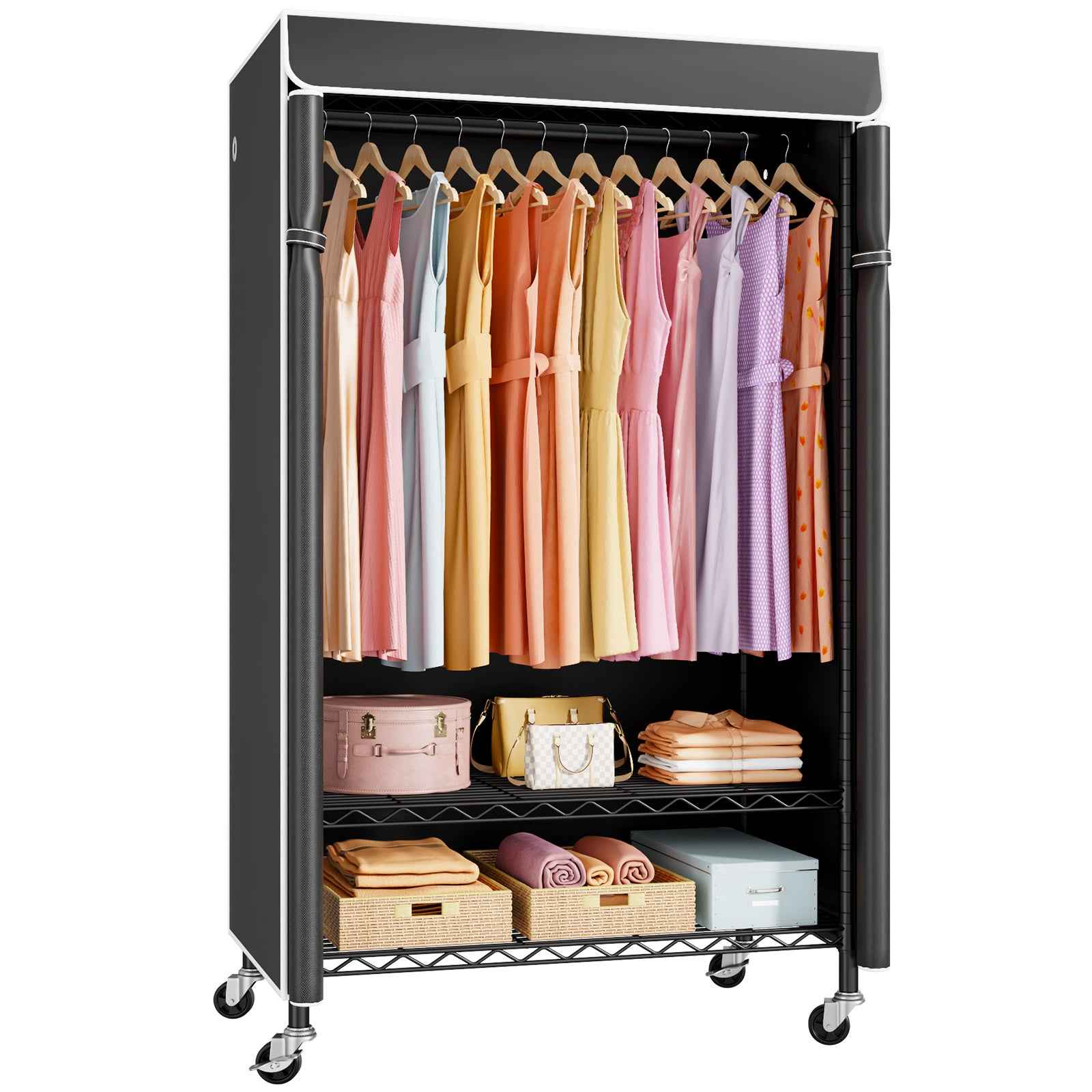 P6C Plus Rolling Clothes Rack with Cover, Covered Clothing Rack Heavy Duty, Portable, Garment Rack on Wheels
