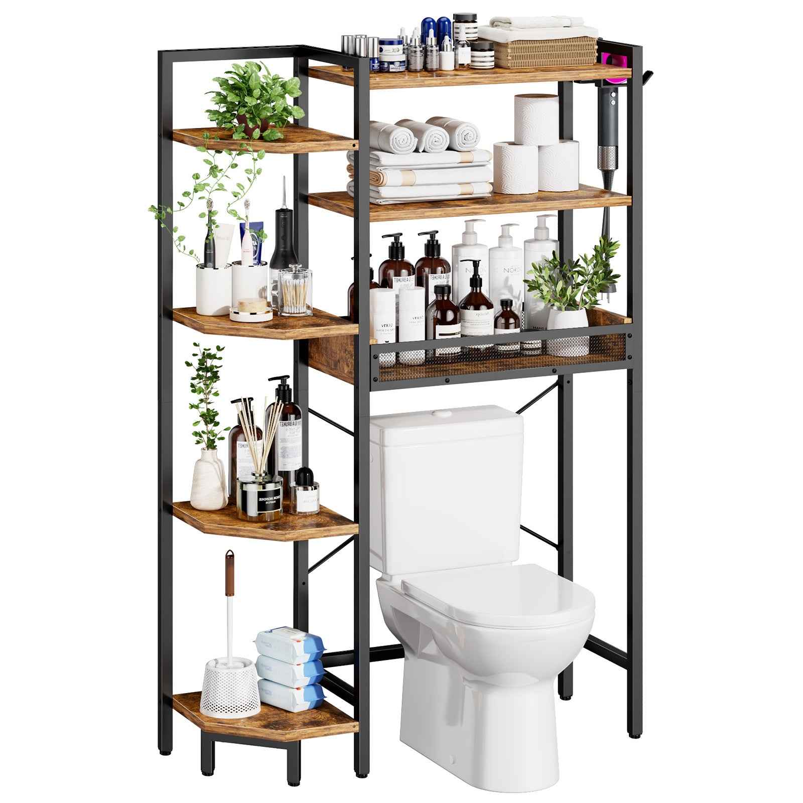 K1 Heavy Duty 7-Tier Over The Toilet Storage（With Basket and Paper Hook）Freestanding Above Toilet Shelf with Adjustable Feet