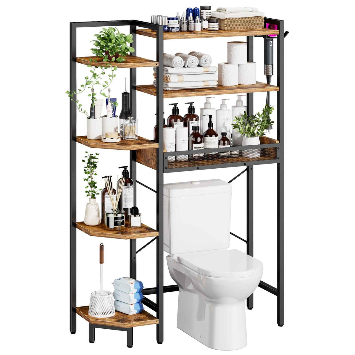 K1 Heavy Duty 7-Tier Over The Toilet Storage（With Basket and Paper Hook）Freestanding Above Toilet Shelf with Adjustable Feet
