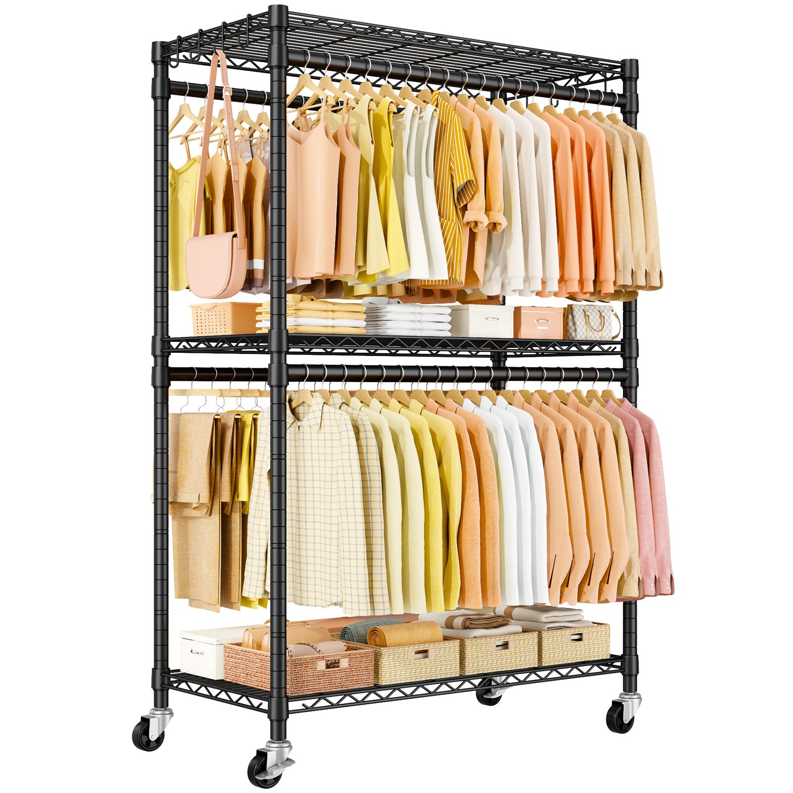 P5 39.4"W Single Column Garment Rack (Black), 655LBS Load, 3-Tier Shelves & 8 Side Hooks