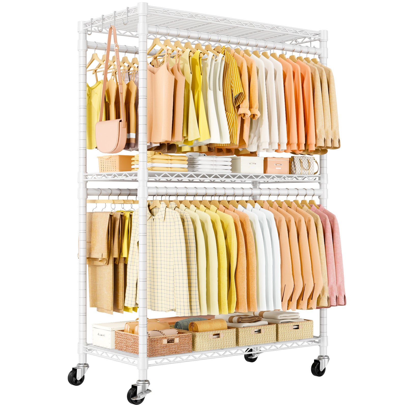 P5 39.4"W Single Column Garment Rack (Black), 655LBS Load, 3-Tier Shelves & 8 Side Hooks