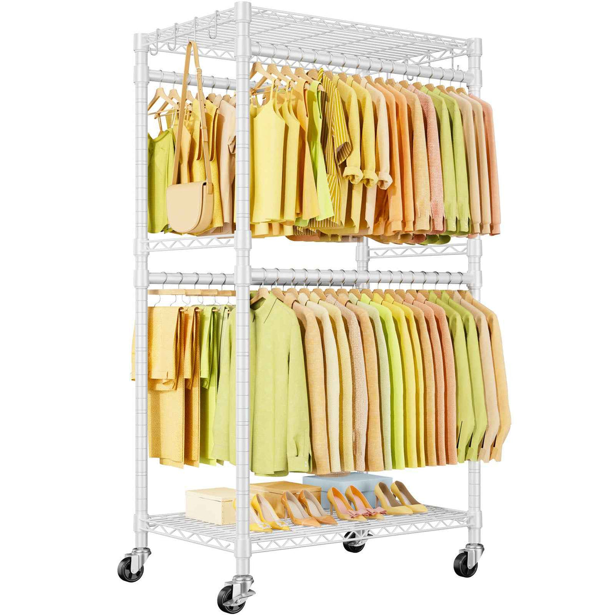 P4 Plus Rolling Clothing Rack - Double hanging rod, 80.5'' Height