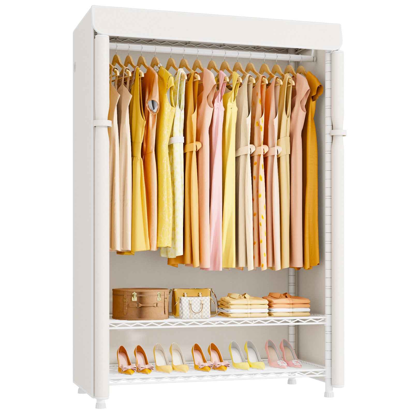 H5C Plus Clothes Rack with Cover, Portable Closet for Hanging Clothes, Covered Clothing Racks Heavy Duty, 3-Tiers Garment Rack with Shelves Max Load 370LBS