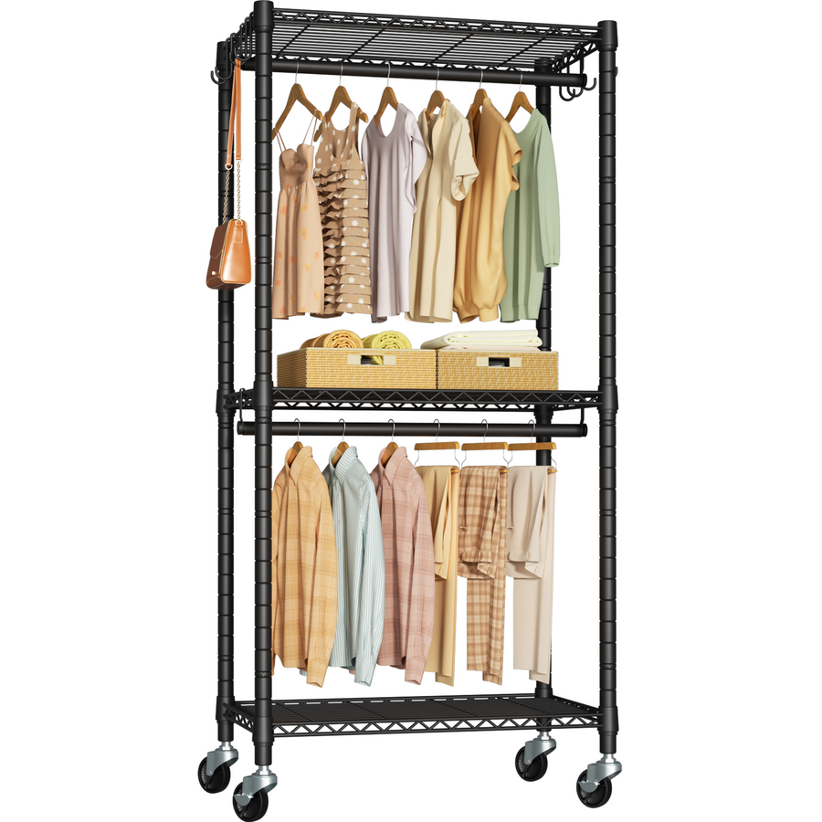 P3 Rolling Clothes Rack, Clothing rack with height adjustable shelves and 8 hooks