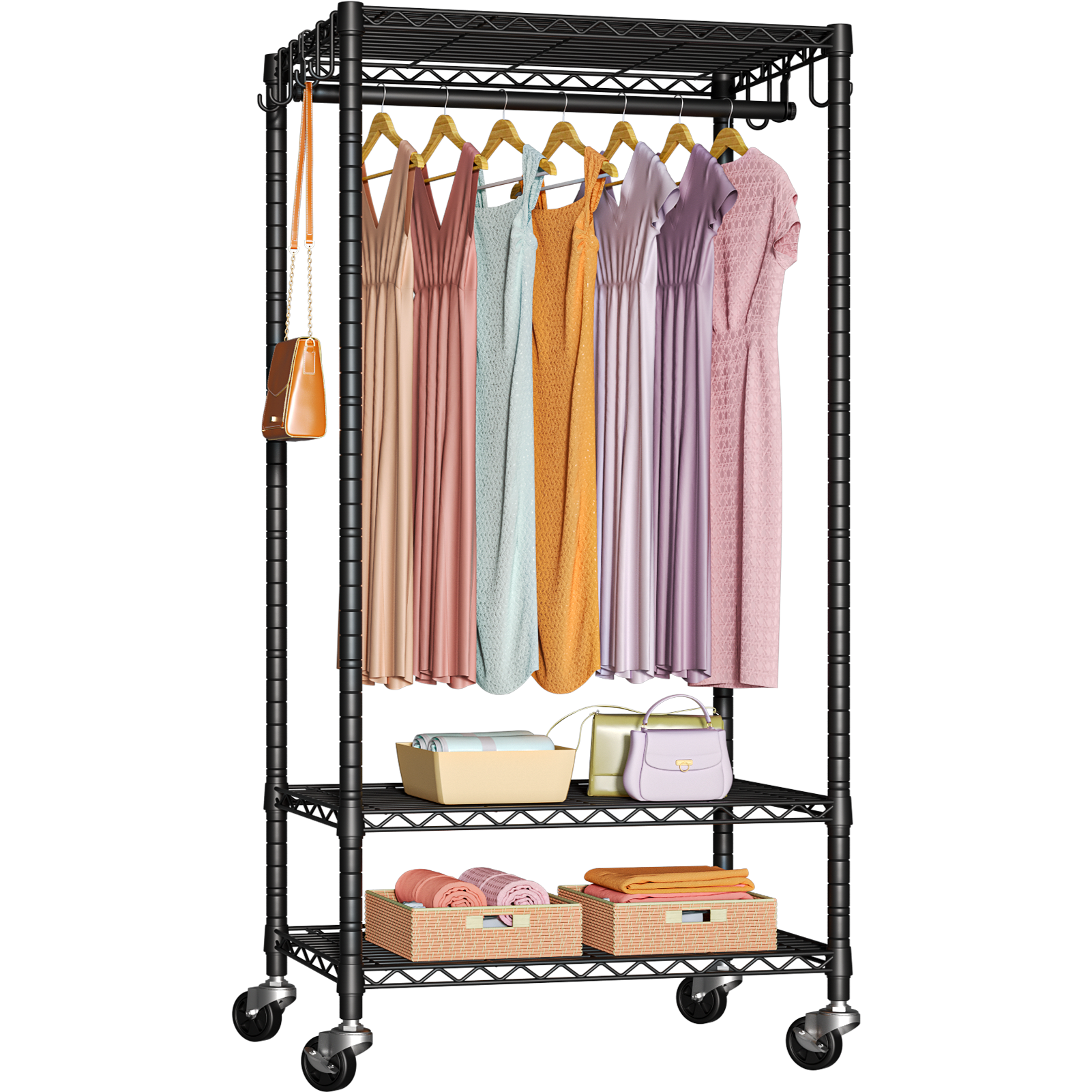 P6 Medium Single Column Garment Rack (Black), 30"W, 370LBS Load & 3-Tier Adjustable Shelves