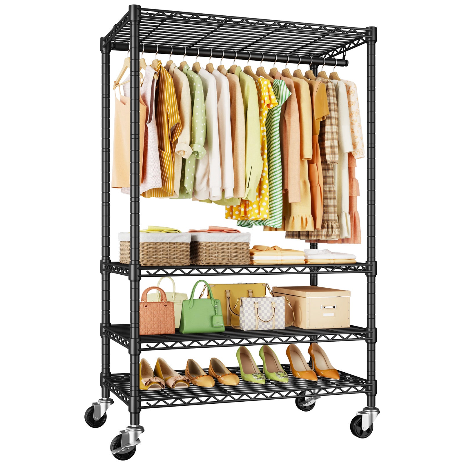 P9 Rolling Clothes Rack Heavy Duty, 4 Tiers Garment Rack with Wheels, 35.5" L X 15.8" W X 80.5" H, Max Load 445 LBS