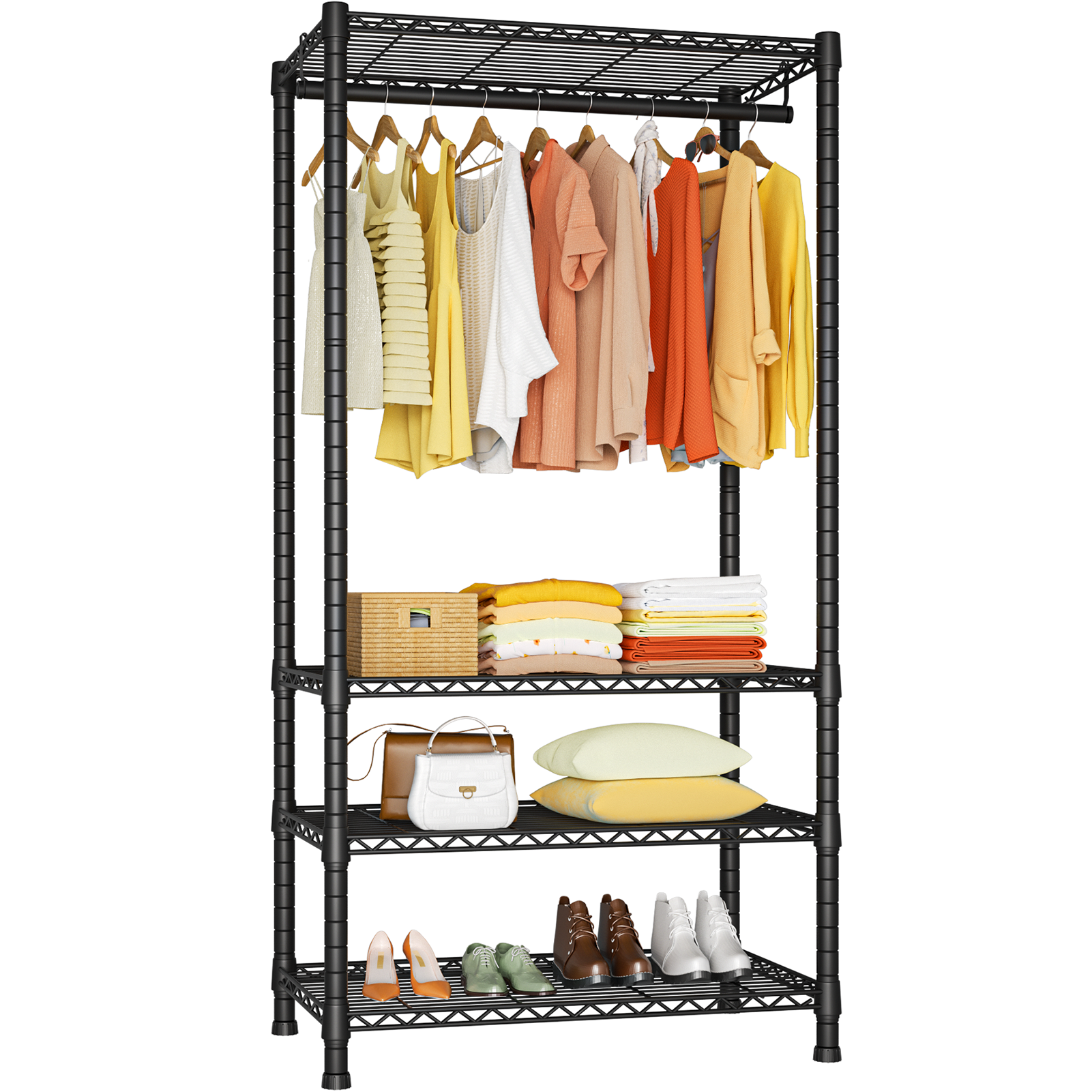 H2 30"W Single Column Garment Rack (Black), 500LBS Load & 4-Tier Adjustable Wire Shelves