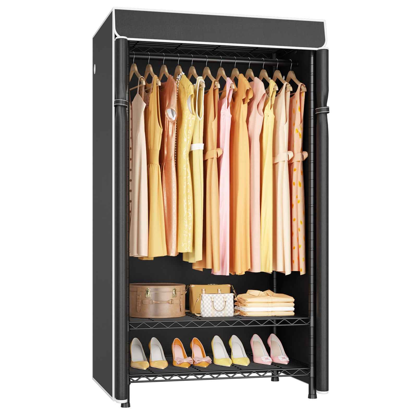 H5C Clothes Rack with Cover, Portable Closet for Hanging Clothes, Covered Clothing Racks Heavy Duty, Freestanding Garment Racks with Shelves Max Load 360LBS