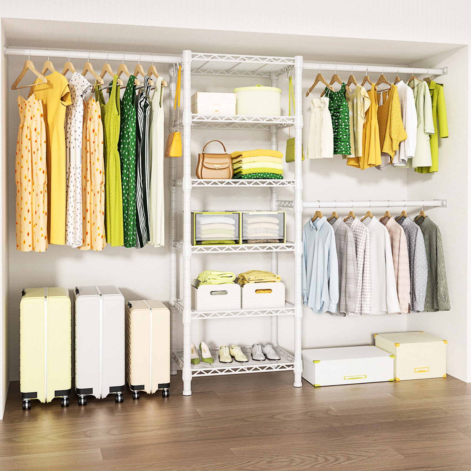 M5 Wall-Mounted Garment Rack (Black), 46.2-102.4" Width, 83.1" High & 6-Tier Shelves