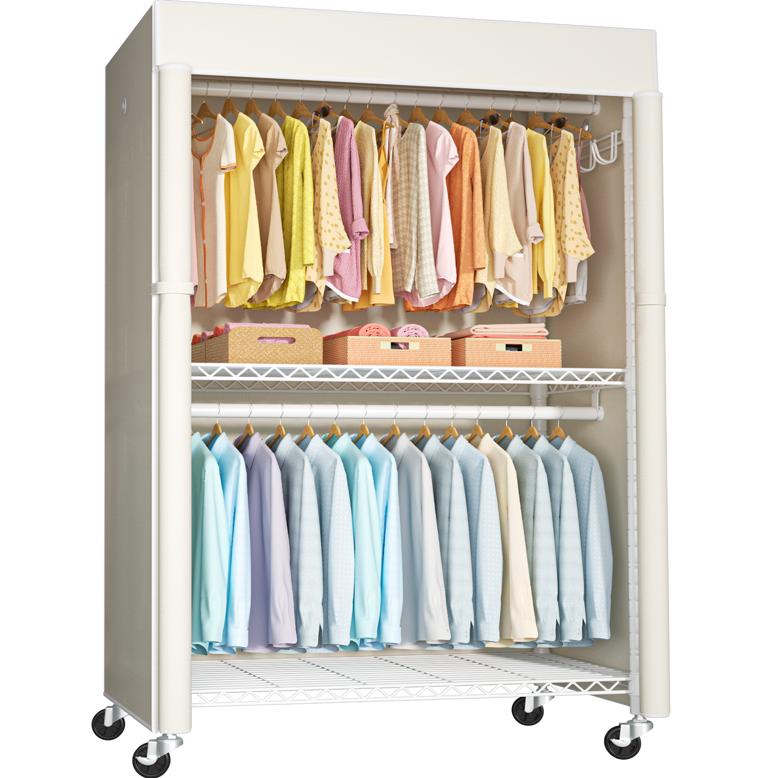 P1C Plus Single Column Rolling Garment Rack (Black+Black Cover), 46