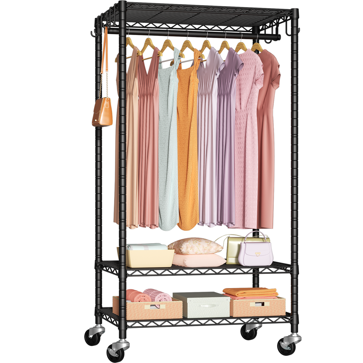 P6 Mini Single Column Garment Rack (Black), 23.6"W, 360LBS Load & 3-Tier Shelves for Students