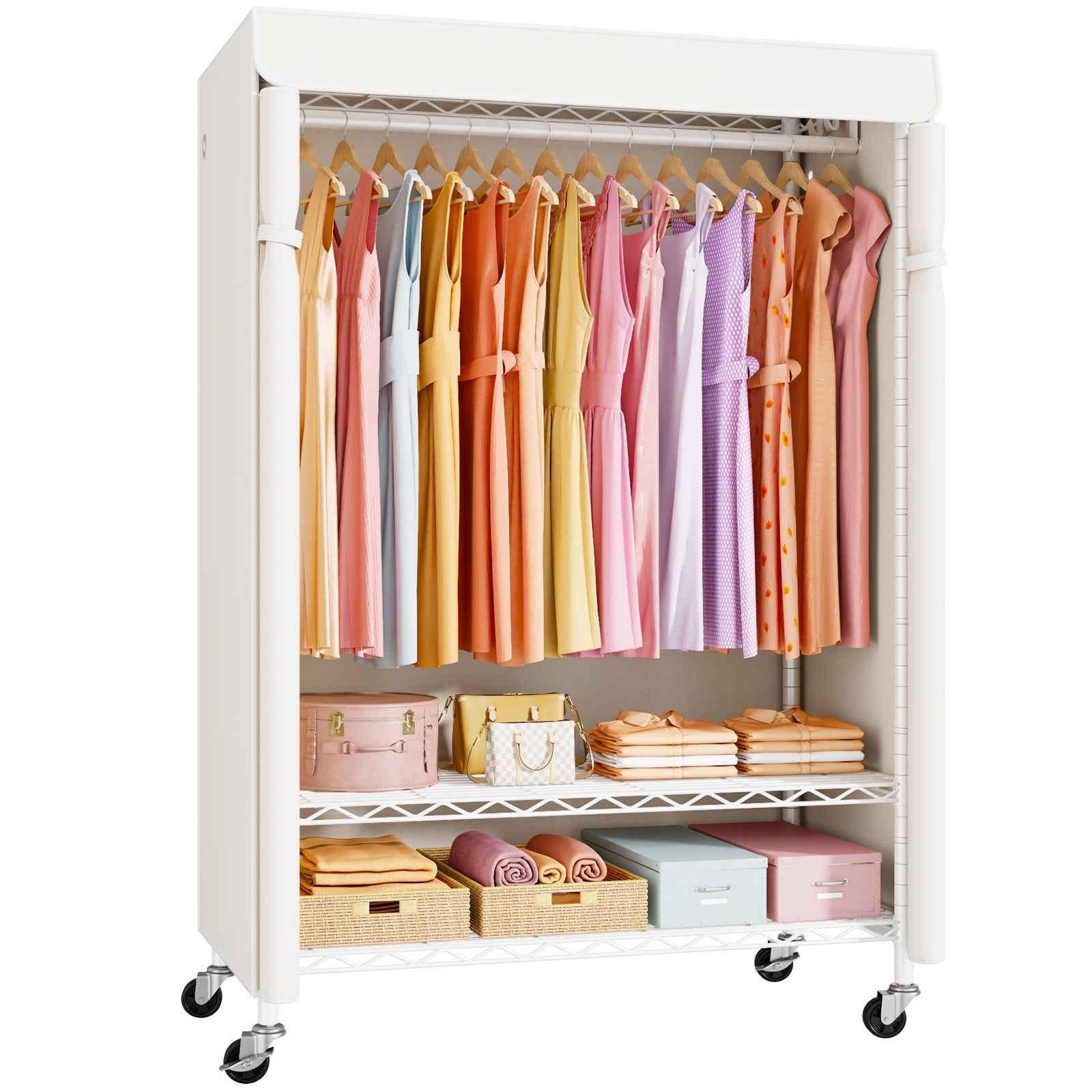 P6C Plus Rolling Clothes Rack with Cover, Covered Clothing Rack Heavy Duty, Portable, Garment Rack on Wheels