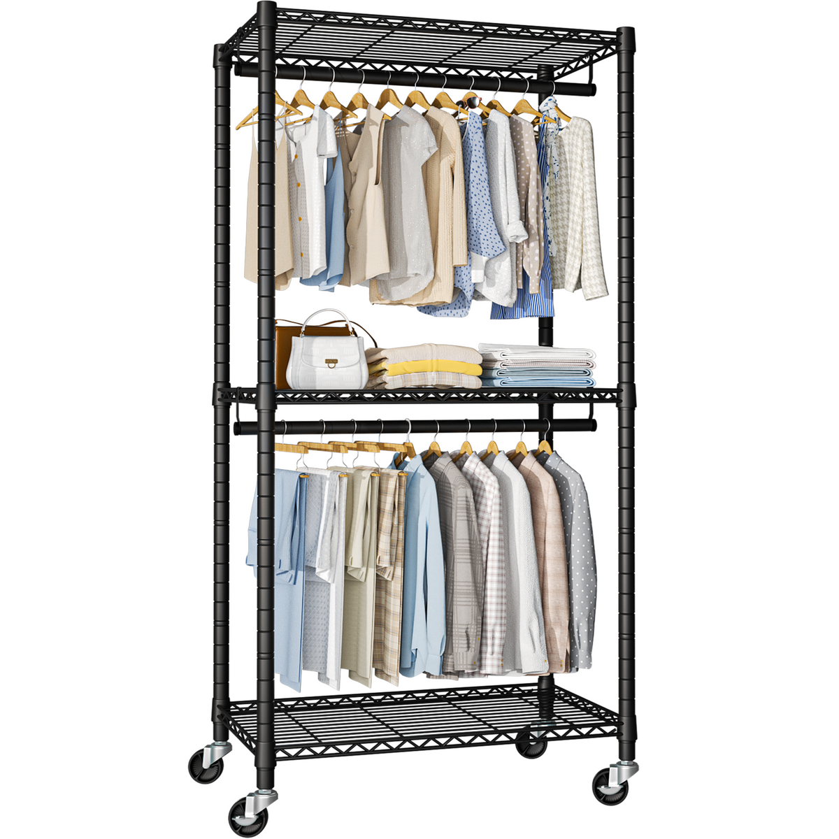 P1 Medium Single Column Garment Rack (Black), 30"W, 360LBS Load & 3 Adjustable Wire Shelves