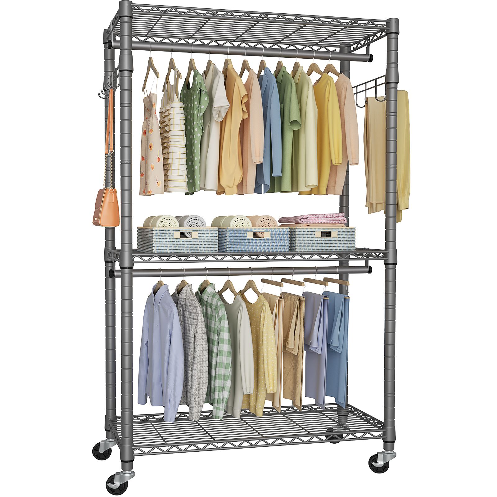 P1 Single Column Rolling Garment Rack (Grey), 35.4"W, 450LBS Load & Rust-Proof Coating