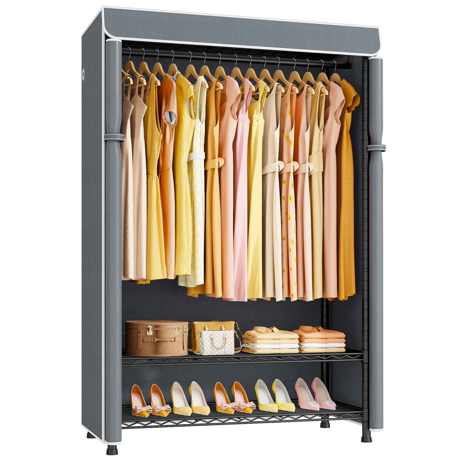 H5C Plus Clothes Rack with Cover, Portable Closet for Hanging Clothes, Covered Clothing Racks Heavy Duty, 3-Tiers Garment Rack with Shelves Max Load 370LBS