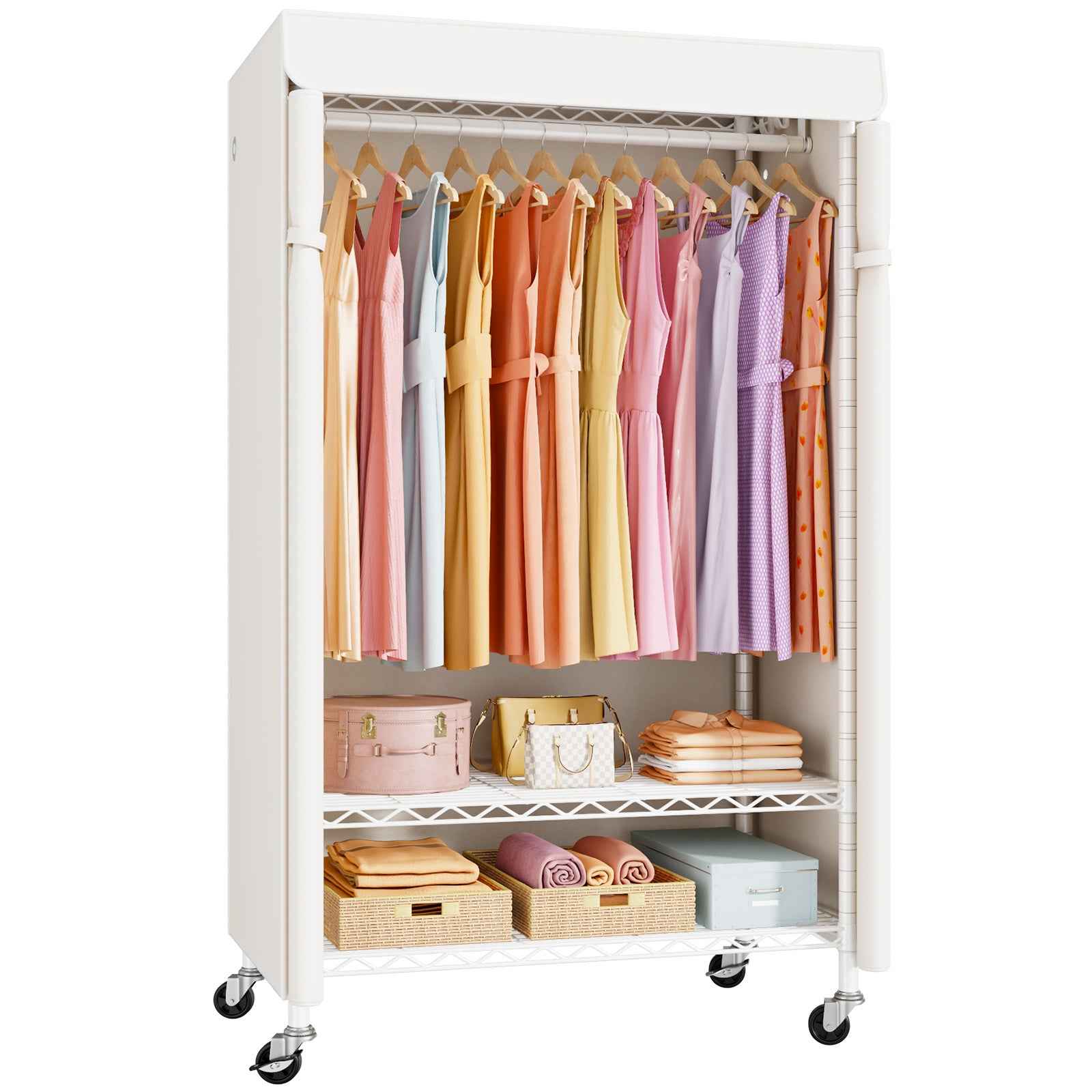P6C Plus Rolling Clothes Rack with Cover, Covered Clothing Rack Heavy Duty, Portable, Garment Rack on Wheels