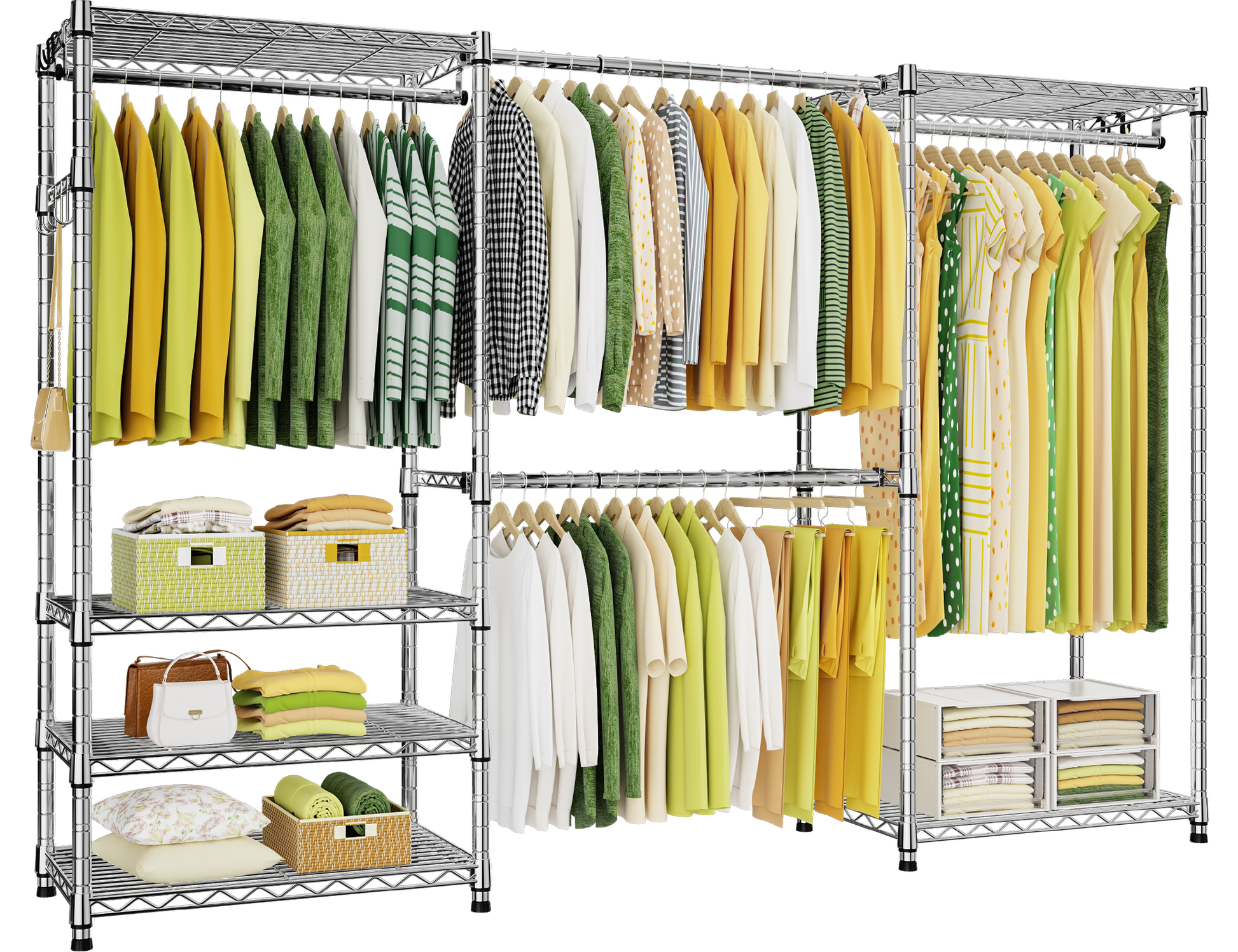 E1 70-88.2" Extendable Triple Column Garment Rack (Black), 6-Tier Shelves & 4 Hanger Rods