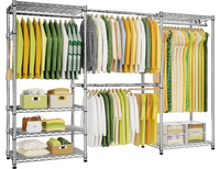 E1 70-88.2" Extendable Triple Column Garment Rack (Black), 6-Tier Shelves & 4 Hanger Rods