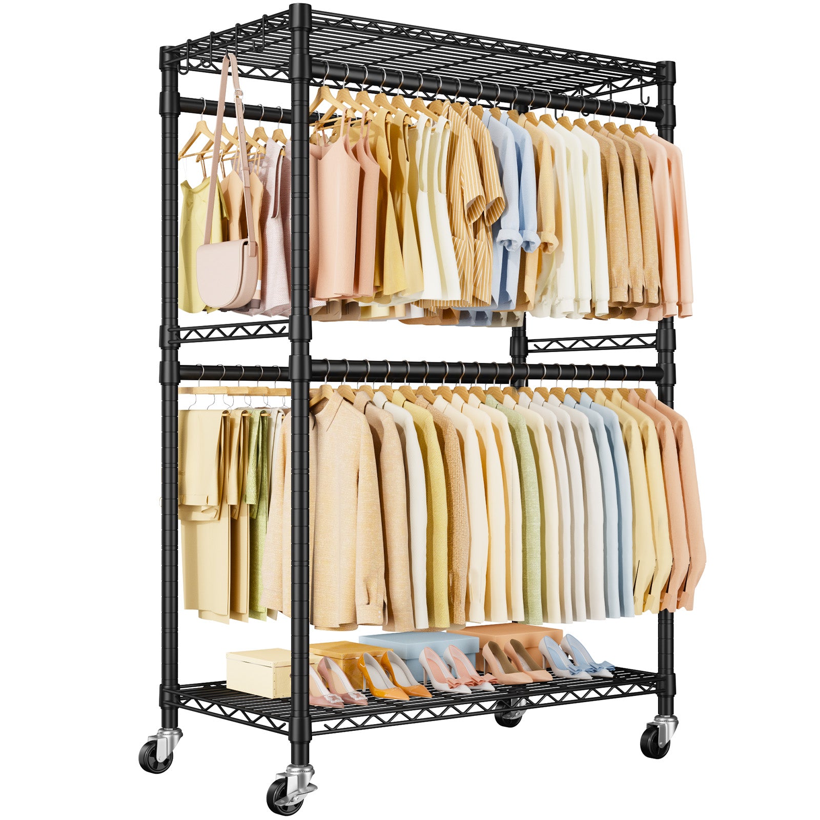 P4 35.5"W Single Column Garment Rack (Black), 560LBS Load & 20.5" Depth with Double Hanger Rods