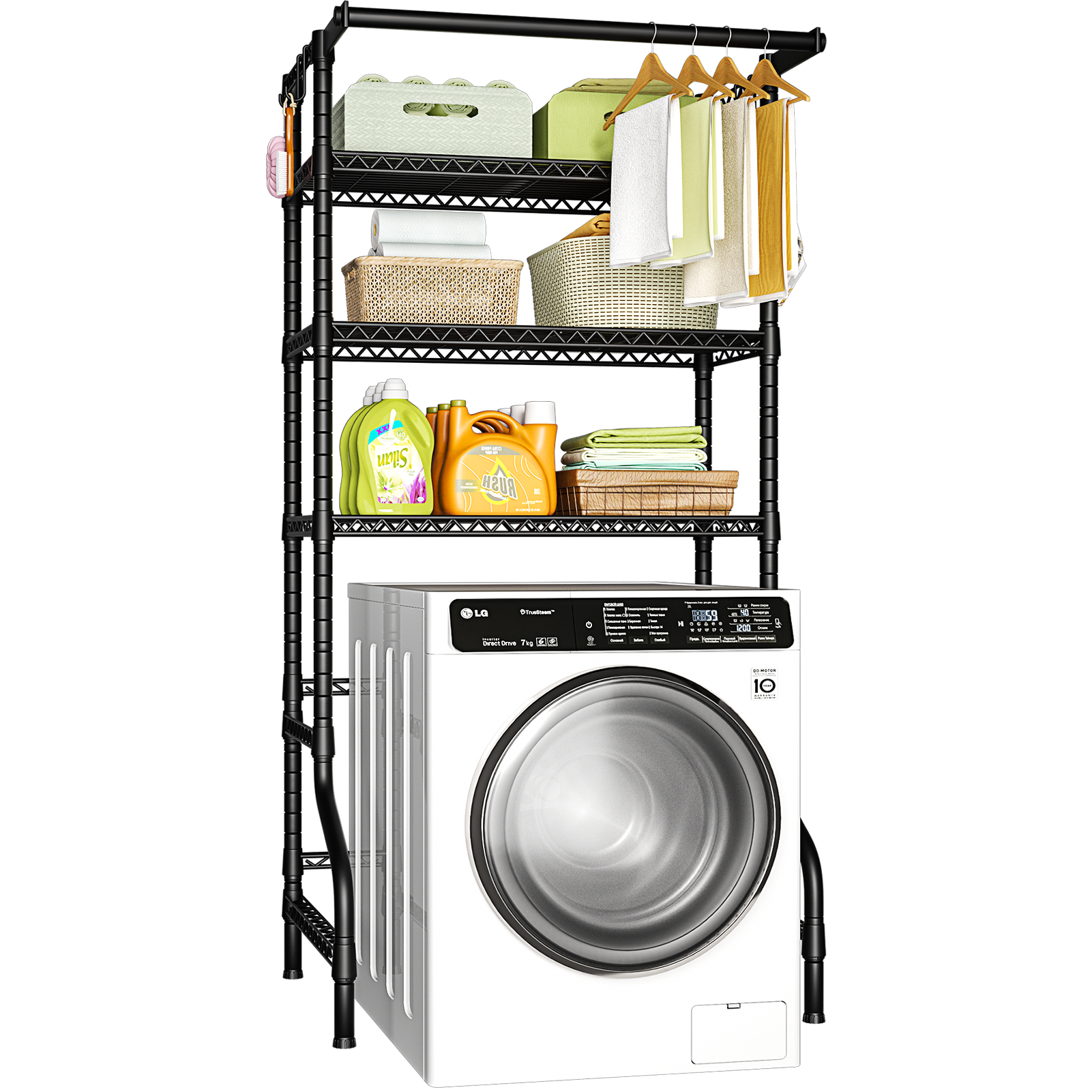 U11 Over-Washer Garment Rack (Black), ≤31.4" Washer Fit, 3-Tier Shelves & Front Hanger Rod