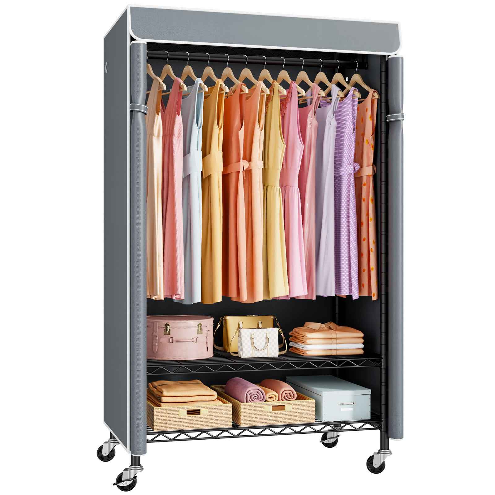 P6C Plus Rolling Clothes Rack with Cover, Covered Clothing Rack Heavy Duty, Portable, Garment Rack on Wheels