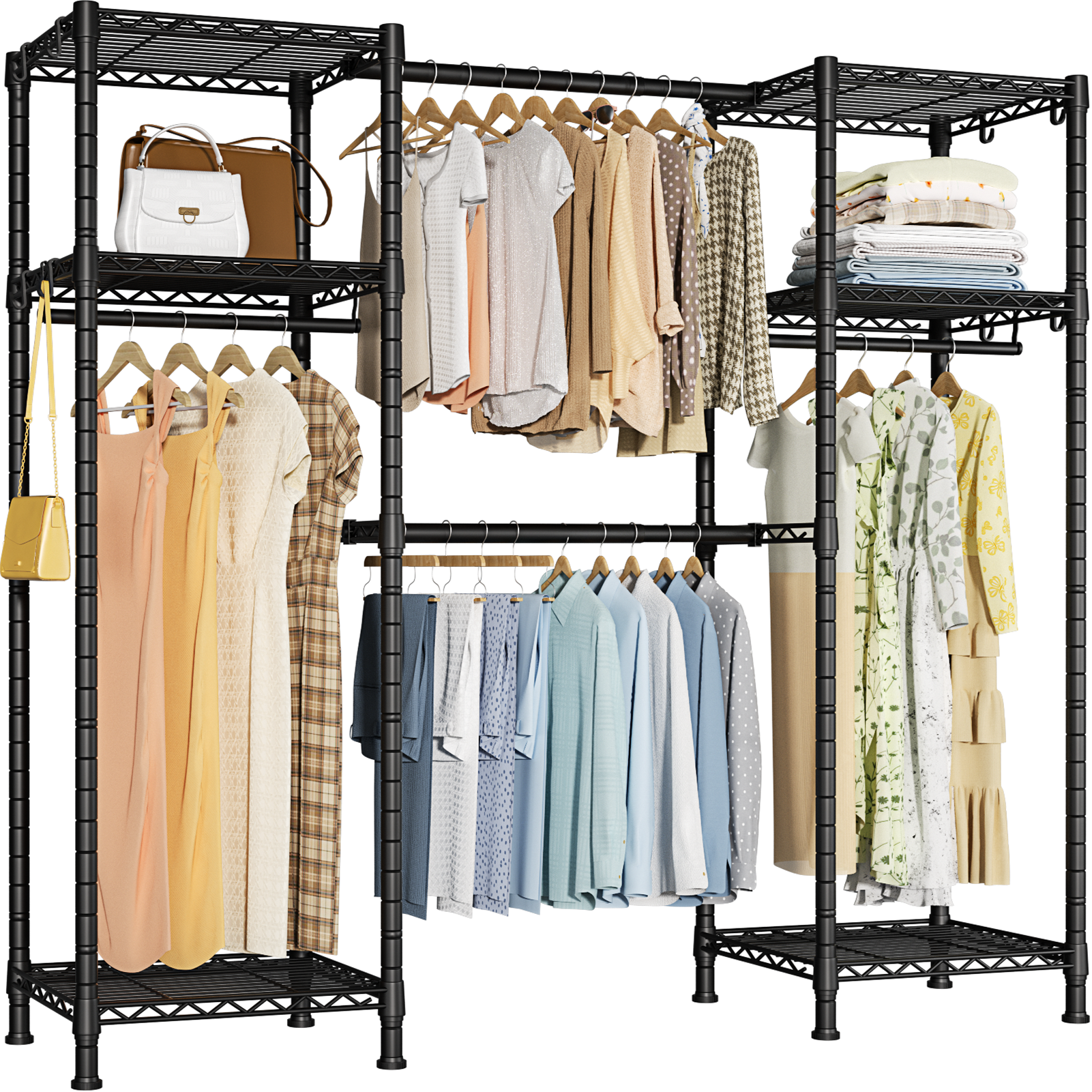 E7 52.3-72" Extendable Triple Column Garment Rack (Black), 838LBS Load & 6-Tier Wire Shelves