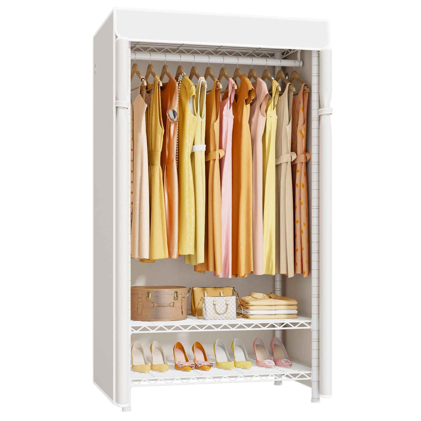 H5C Clothes Rack with Cover, Portable Closet for Hanging Clothes, Covered Clothing Racks Heavy Duty, Freestanding Garment Racks with Shelves Max Load 360LBS